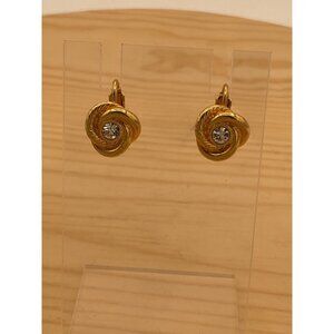 Vintage Gold Tone Cip On Clear Rhinestone Center Rose Earrings